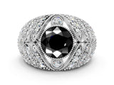 White gold Fancy Black Round Cut Brilliant Halo Pave Diamond Milgrain Ring