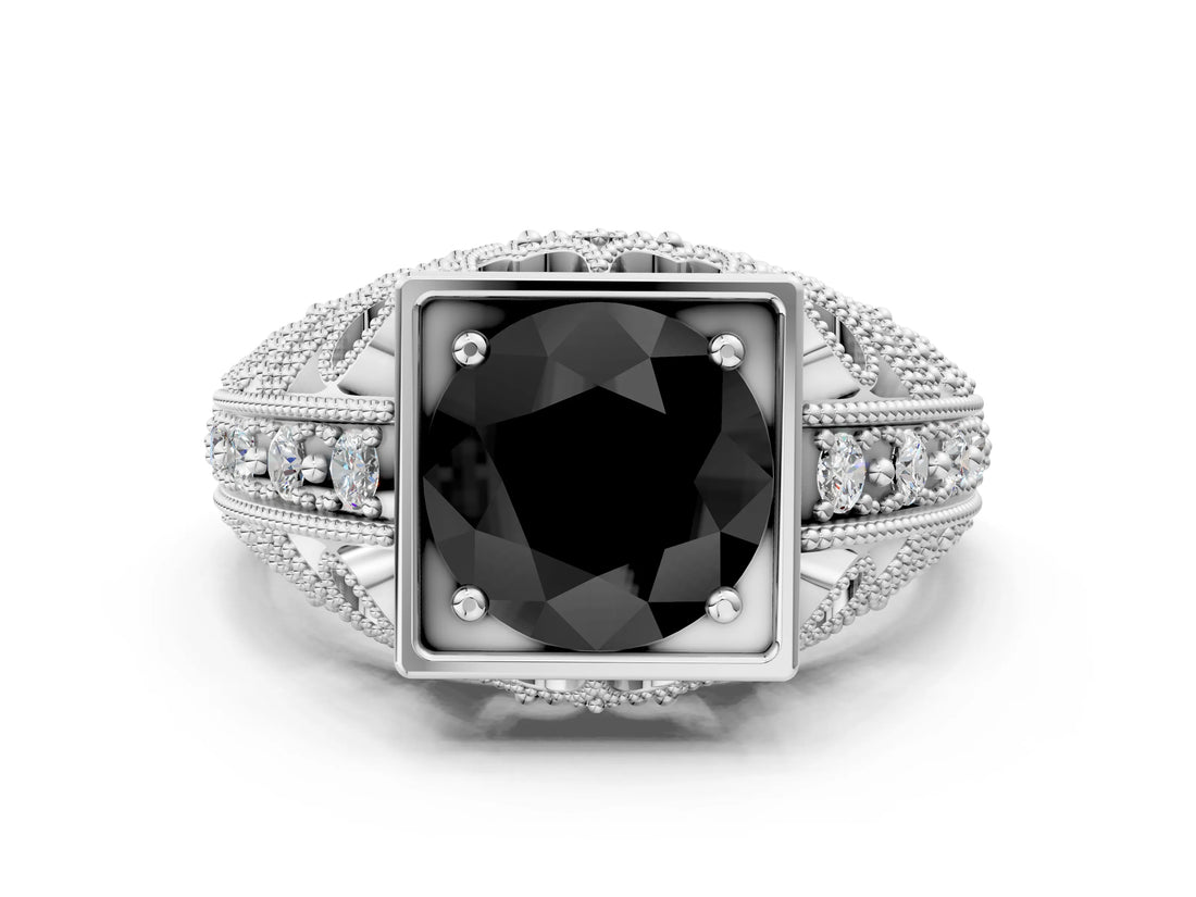 White gold Fancy Black Round Cut Brilliant Milgrain Filigree Diamond Ring with Square Prong Setting