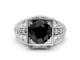 White gold Fancy Black Round Cut Brilliant Milgrain Filigree Diamond Ring with Square Prong Setting