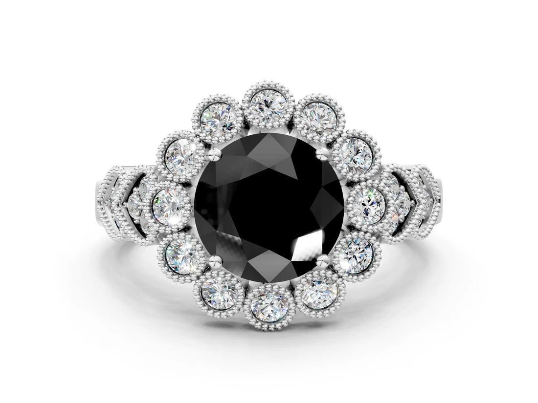 White gold Fancy Black Round Cut Brilliant Milgrain Pave Heart Band Solitaire Ring_12