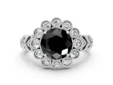 White gold Fancy Black Round Cut Brilliant Milgrain Pave Heart Band Solitaire Ring_12