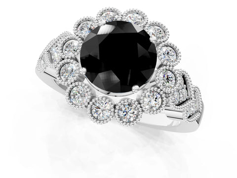White gold Fancy Black Round Cut Brilliant Milgrain Pave Heart Band Solitaire Ring_13