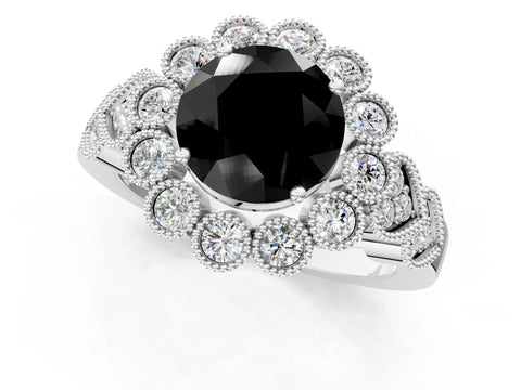 White gold Fancy Black Round Cut Brilliant Milgrain Pave Heart Band Solitaire Ring_13