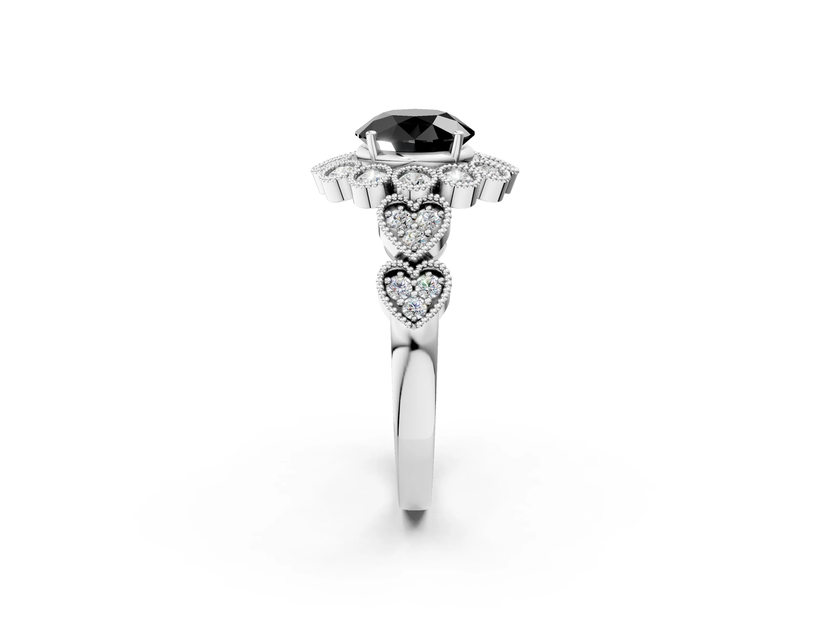 White gold Fancy Black Round Cut Brilliant Milgrain Pave Heart Band Solitaire Ring_14