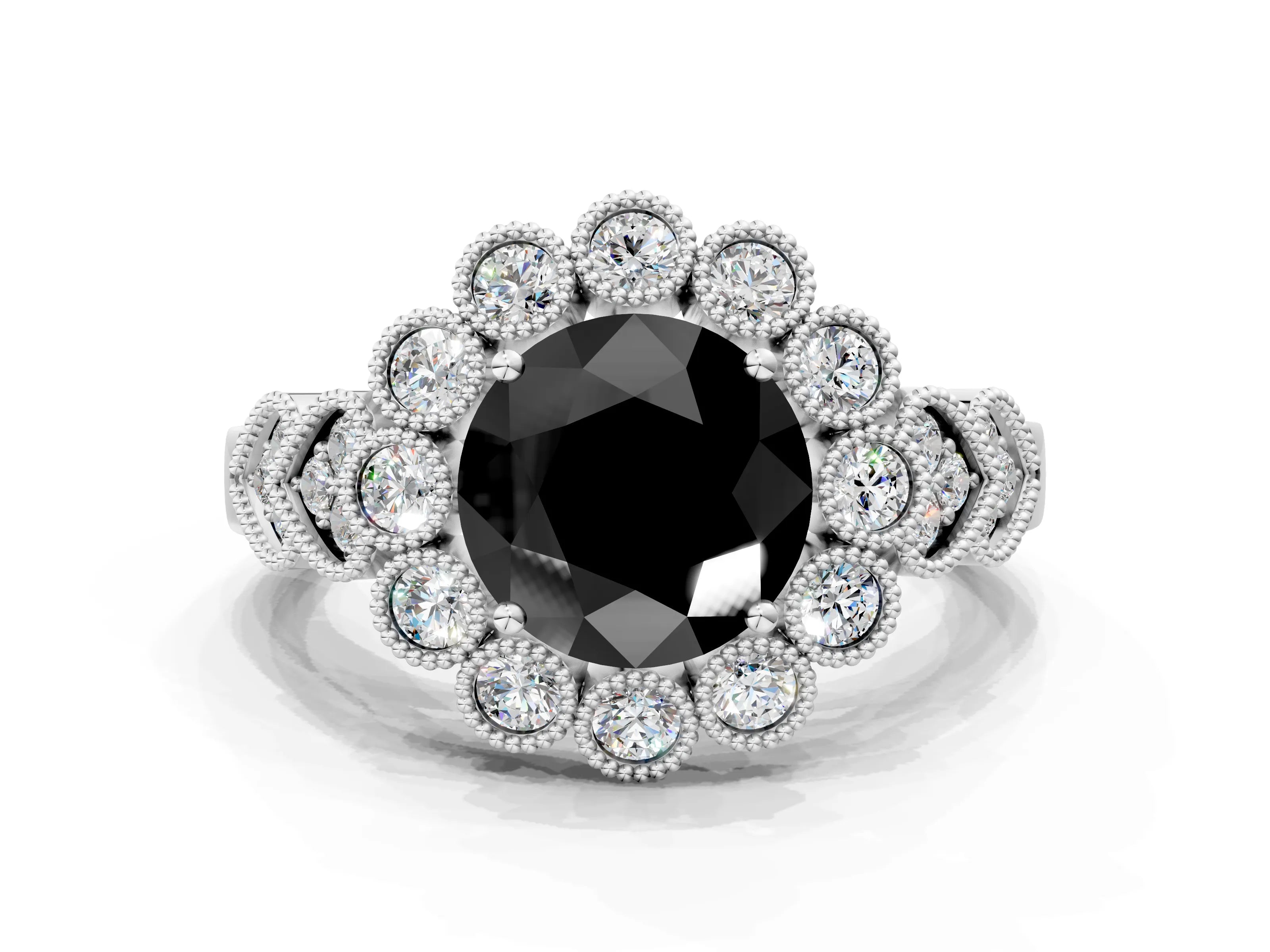 White gold Fancy Black Round Cut Brilliant Milgrain Pave Heart Band Solitaire Ring