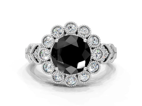 White gold Fancy Black Round Cut Brilliant Milgrain Pave Heart Band Solitaire Ring