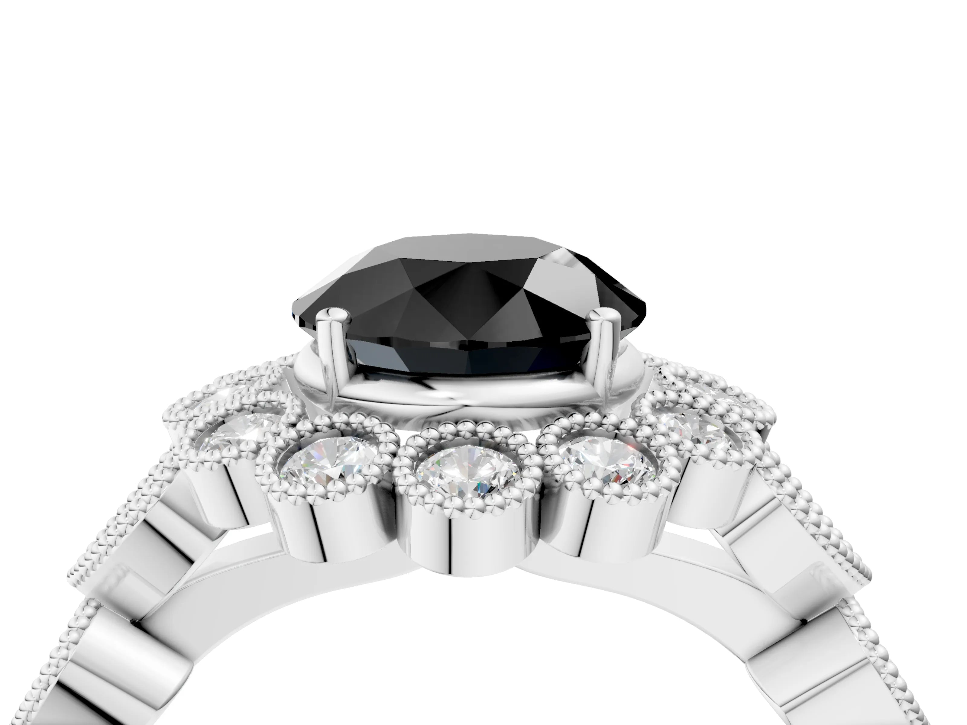 White gold Fancy Black Round Cut Brilliant Milgrain Pave Heart Band Solitaire Ring_16