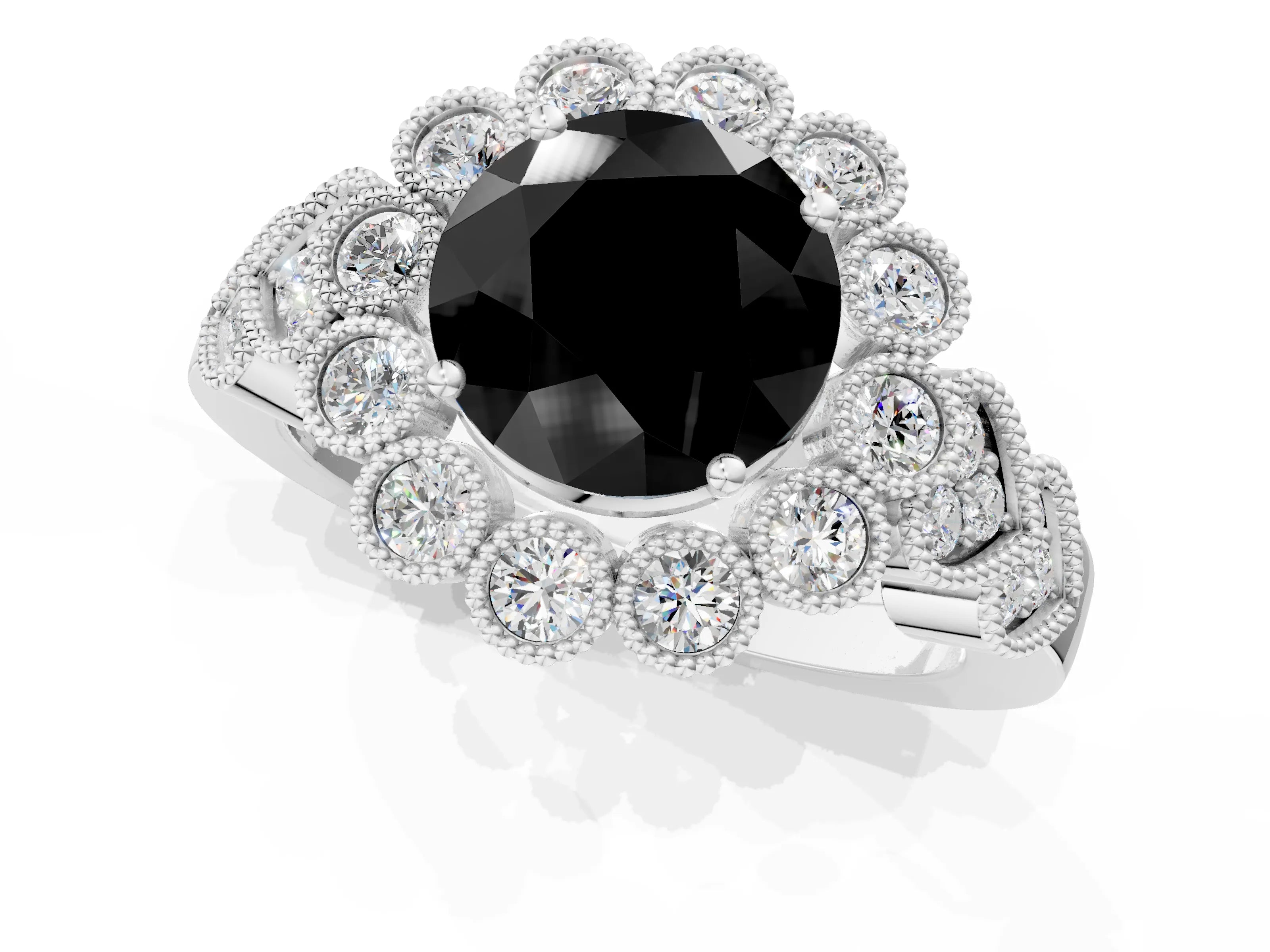 White gold Fancy Black Round Cut Brilliant Milgrain Pave Heart Band Solitaire Ring_1