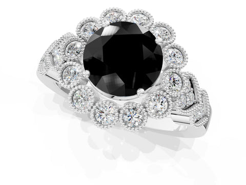 White gold Fancy Black Round Cut Brilliant Milgrain Pave Heart Band Solitaire Ring_1