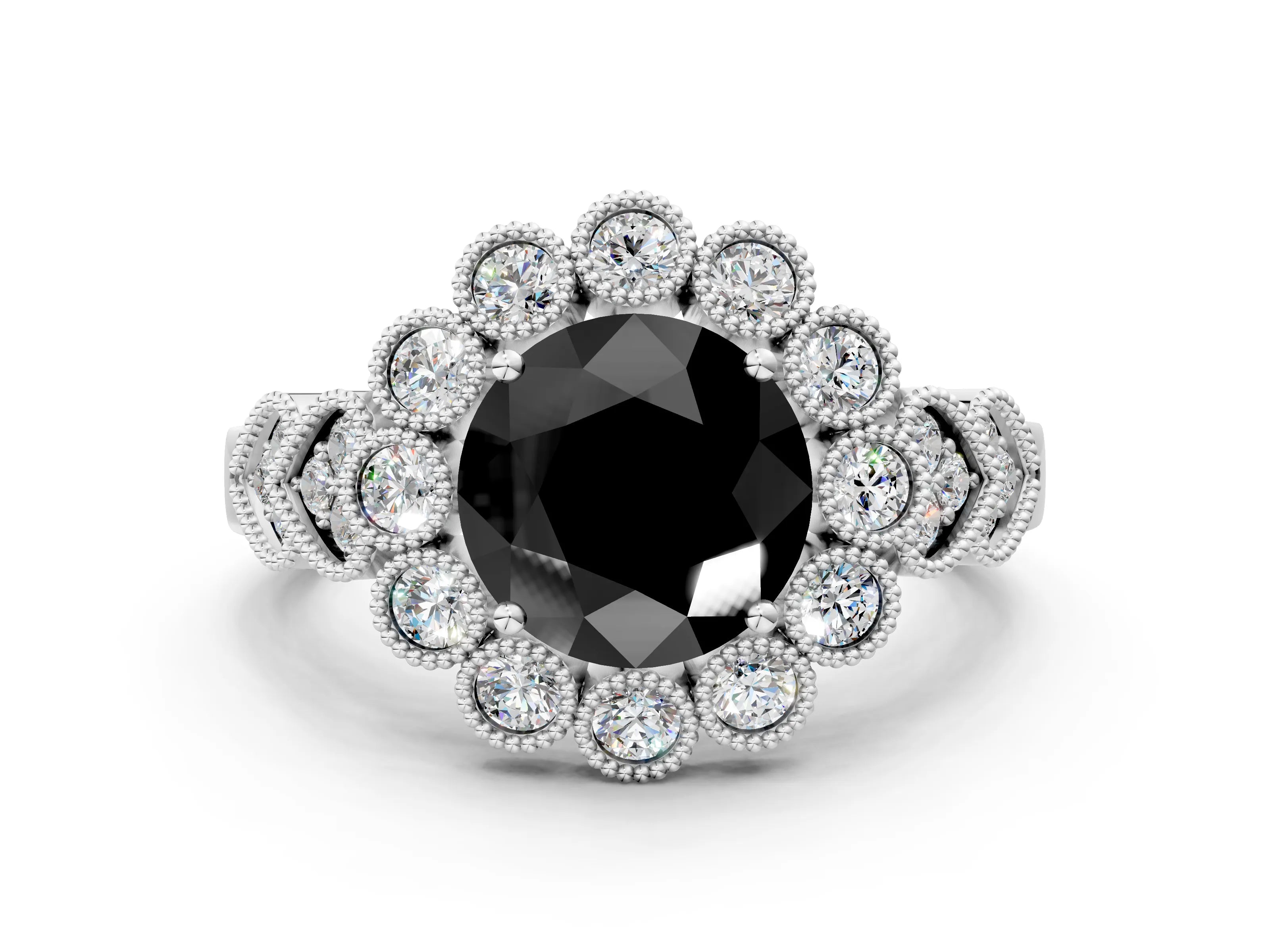 White gold Fancy Black Round Cut Brilliant Milgrain Pave Heart Band Solitaire Ring_20