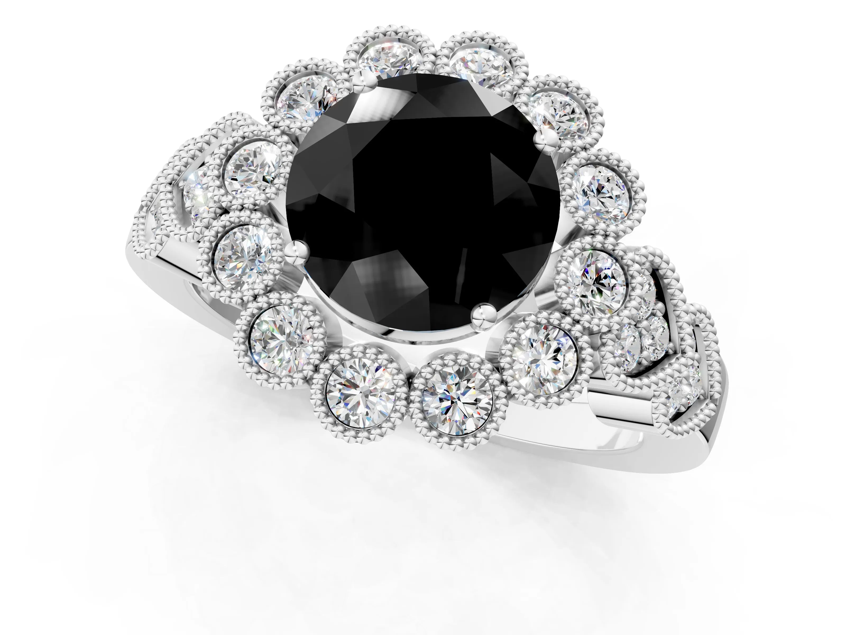 White gold Fancy Black Round Cut Brilliant Milgrain Pave Heart Band Solitaire Ring_21