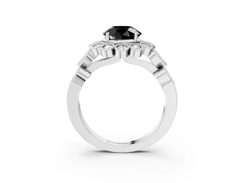 White gold Fancy Black Round Cut Brilliant Milgrain Pave Heart Band Solitaire Ring_23