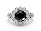 White gold Fancy Black Round Cut Brilliant Milgrain Pave Heart Band Solitaire Ring_24