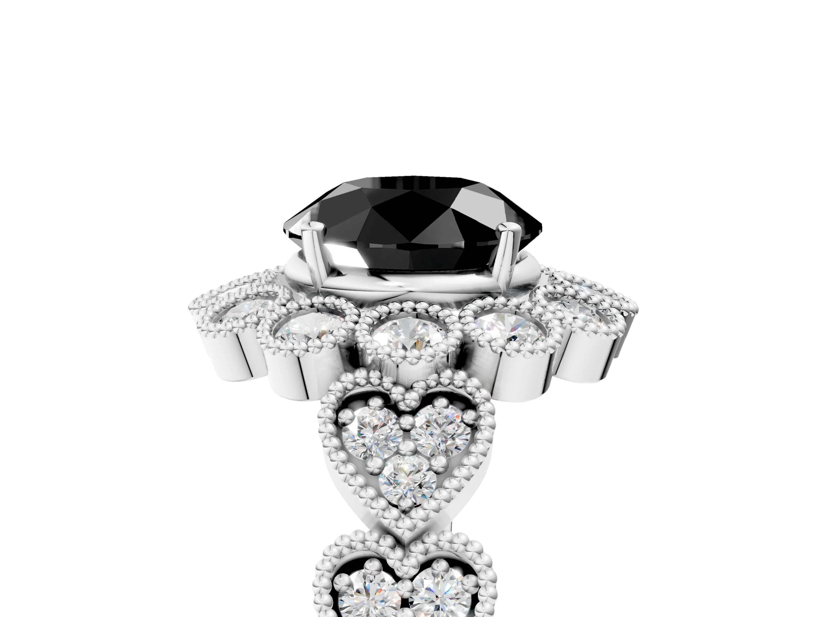 White gold Fancy Black Round Cut Brilliant Milgrain Pave Heart Band Solitaire Ring_25