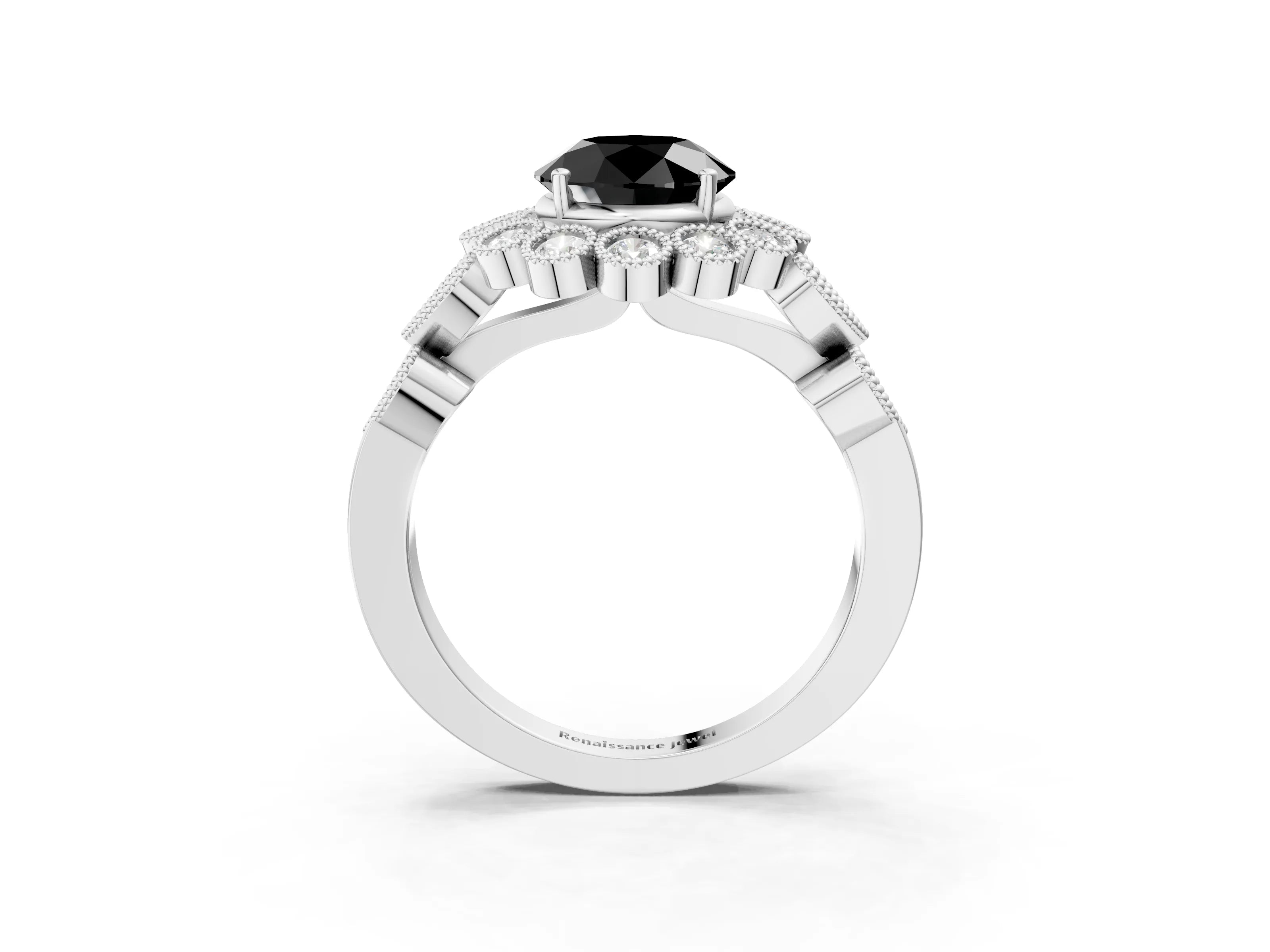White gold Fancy Black Round Cut Brilliant Milgrain Pave Heart Band Solitaire Ring_27