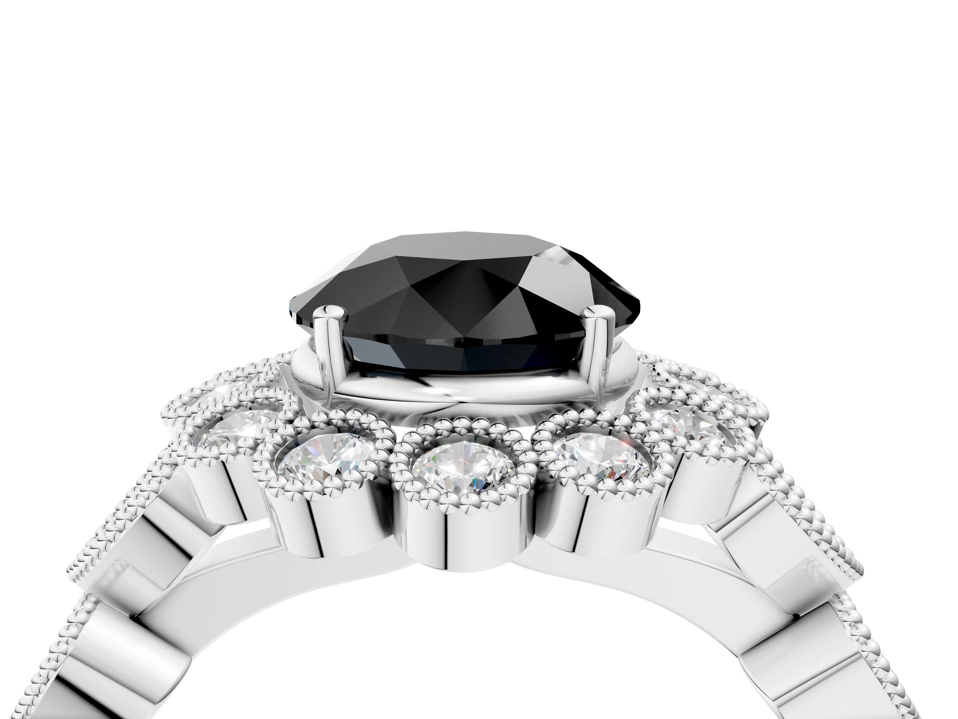 White gold Fancy Black Round Cut Brilliant Milgrain Pave Heart Band Solitaire Ring_28