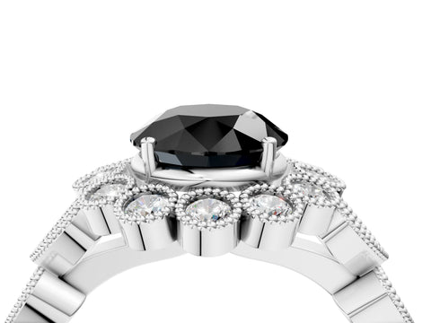 White gold Fancy Black Round Cut Brilliant Milgrain Pave Heart Band Solitaire Ring_28