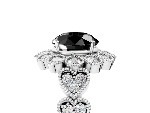 White gold Fancy Black Round Cut Brilliant Milgrain Pave Heart Band Solitaire Ring_29