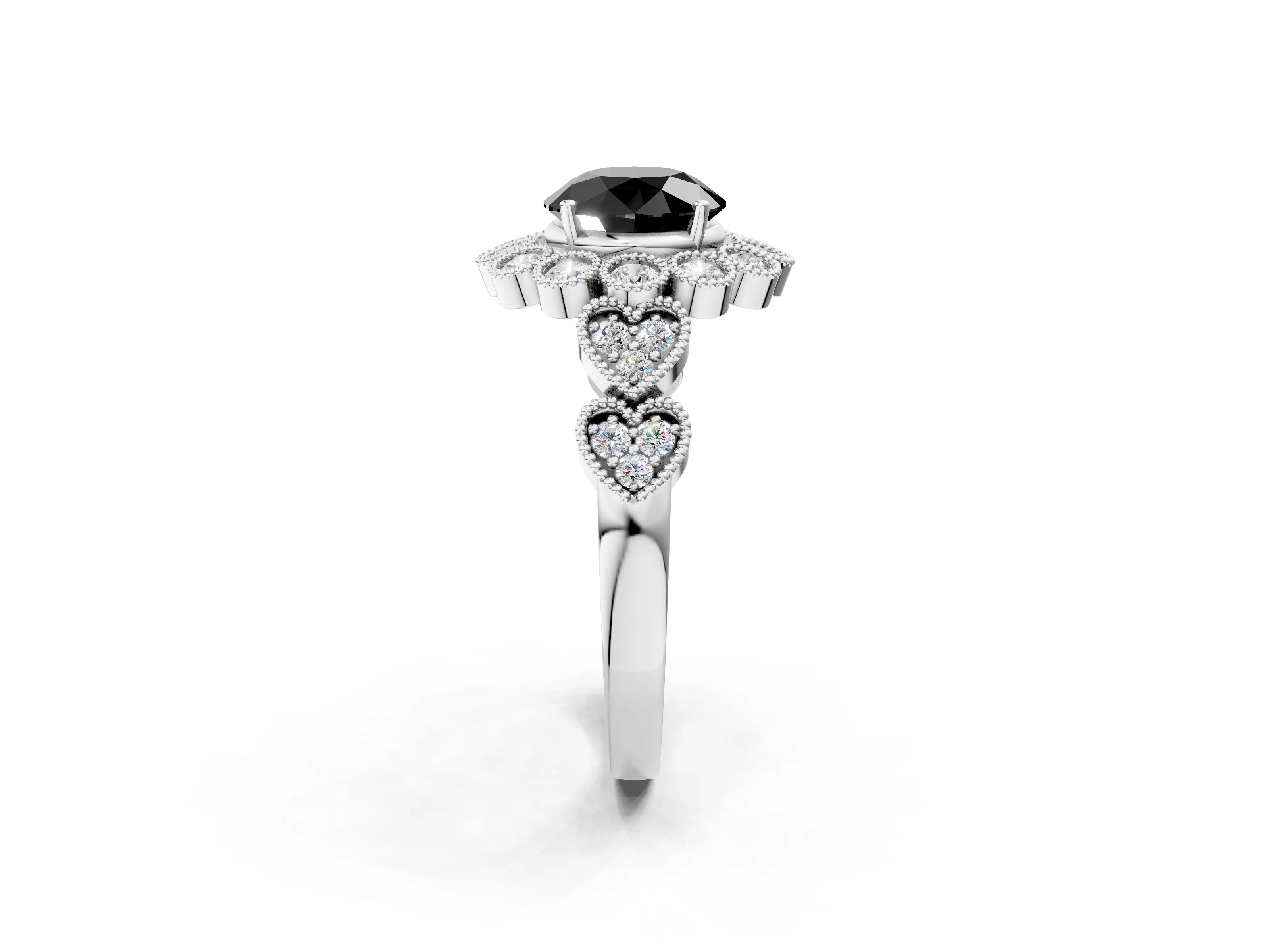 White gold Fancy Black Round Cut Brilliant Milgrain Pave Heart Band Solitaire Ring_2