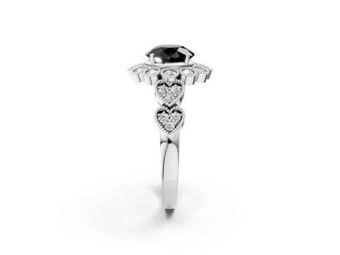 White gold Fancy Black Round Cut Brilliant Milgrain Pave Heart Band Solitaire Ring_2