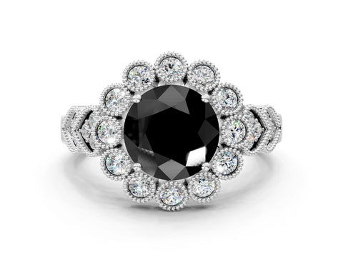 White gold Fancy Black Round Cut Brilliant Milgrain Pave Heart Band Solitaire Ring_32