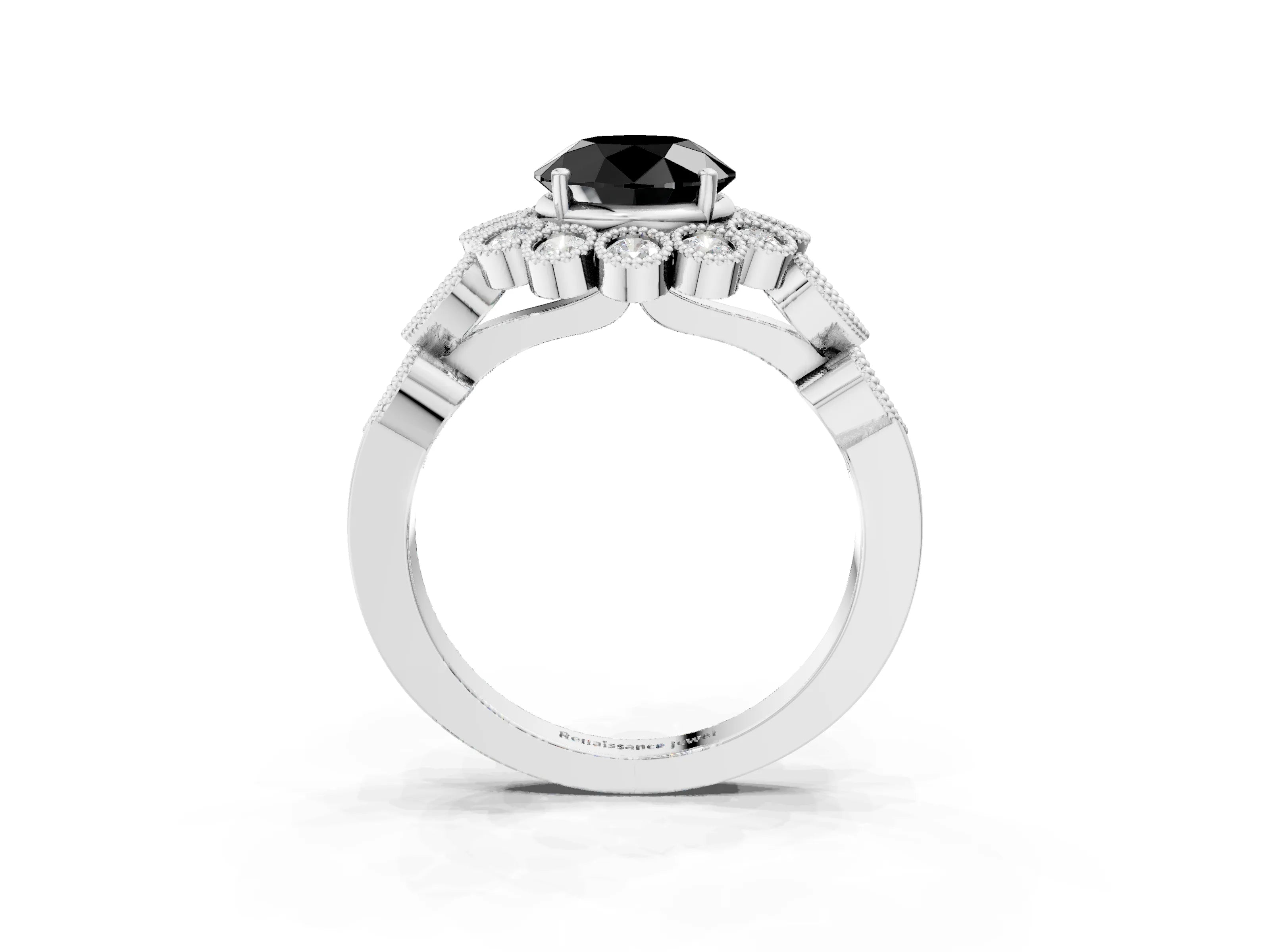 White gold Fancy Black Round Cut Brilliant Milgrain Pave Heart Band Solitaire Ring_3