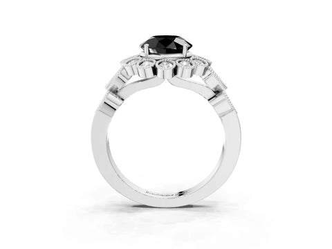 White gold Fancy Black Round Cut Brilliant Milgrain Pave Heart Band Solitaire Ring_3