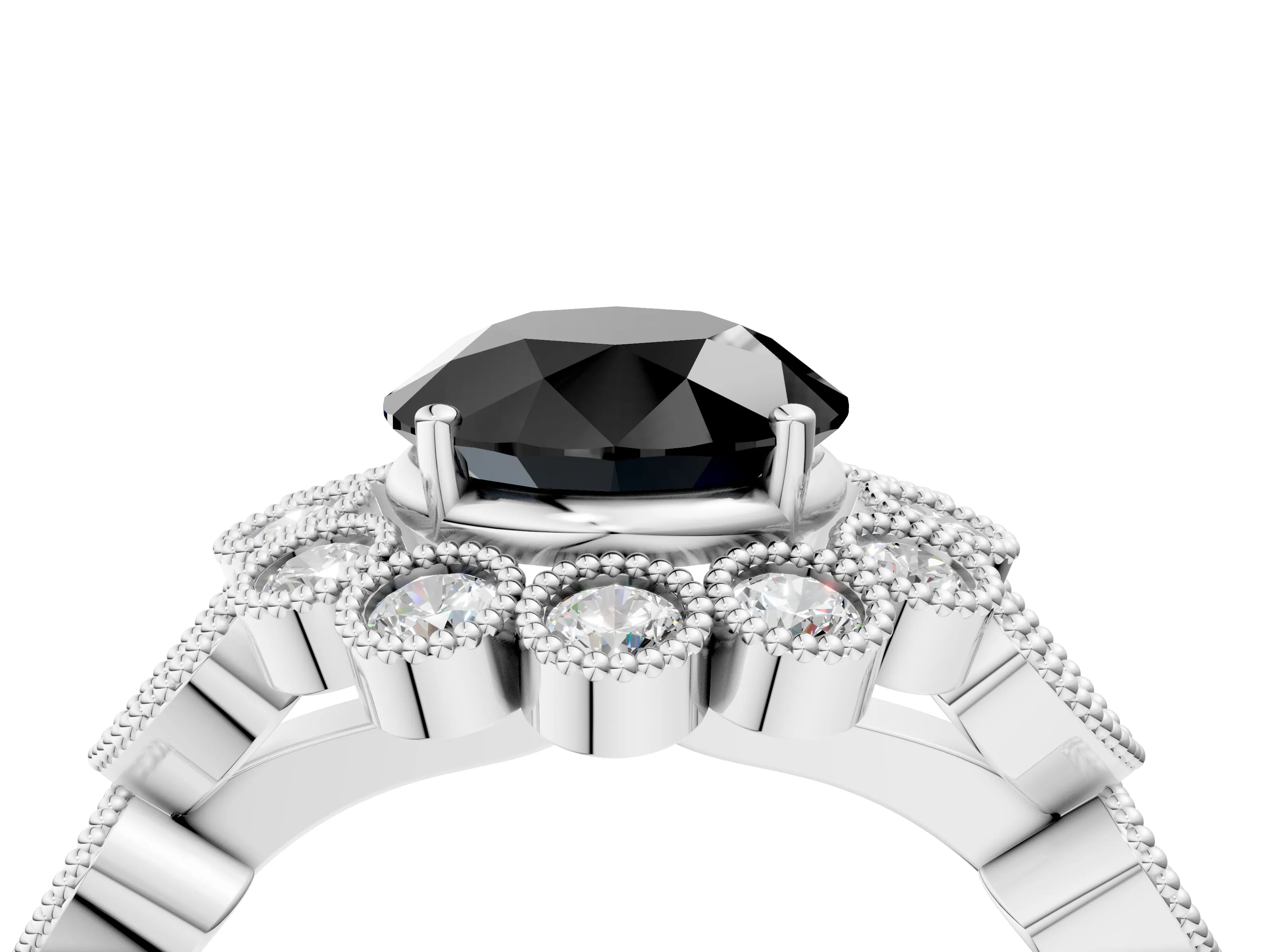 White gold Fancy Black Round Cut Brilliant Milgrain Pave Heart Band Solitaire Ring_4
