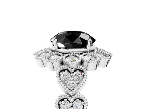 White gold Fancy Black Round Cut Brilliant Milgrain Pave Heart Band Solitaire Ring_5