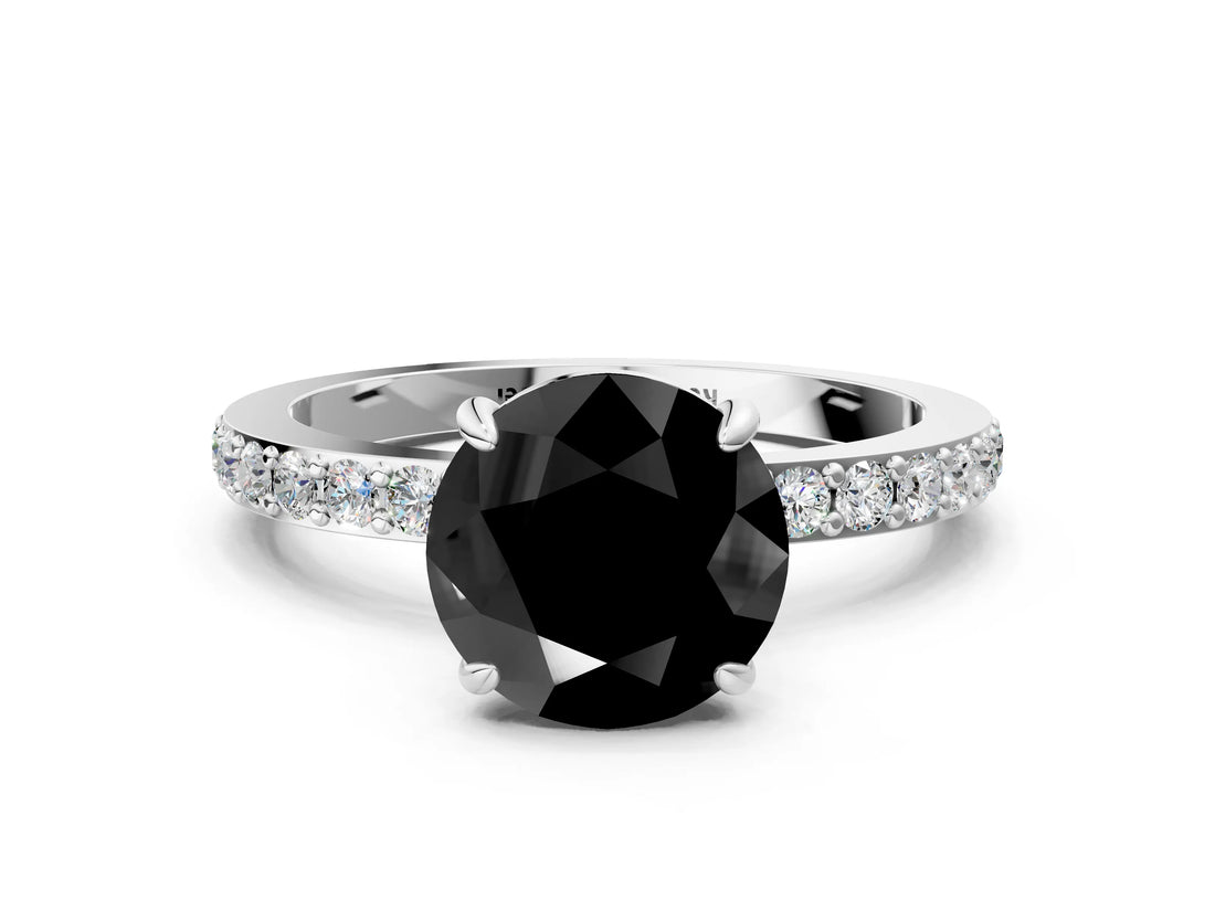 White gold Fancy Black Round Cut Brilliant Pavé Band Solitaire with Four-Prong Setting