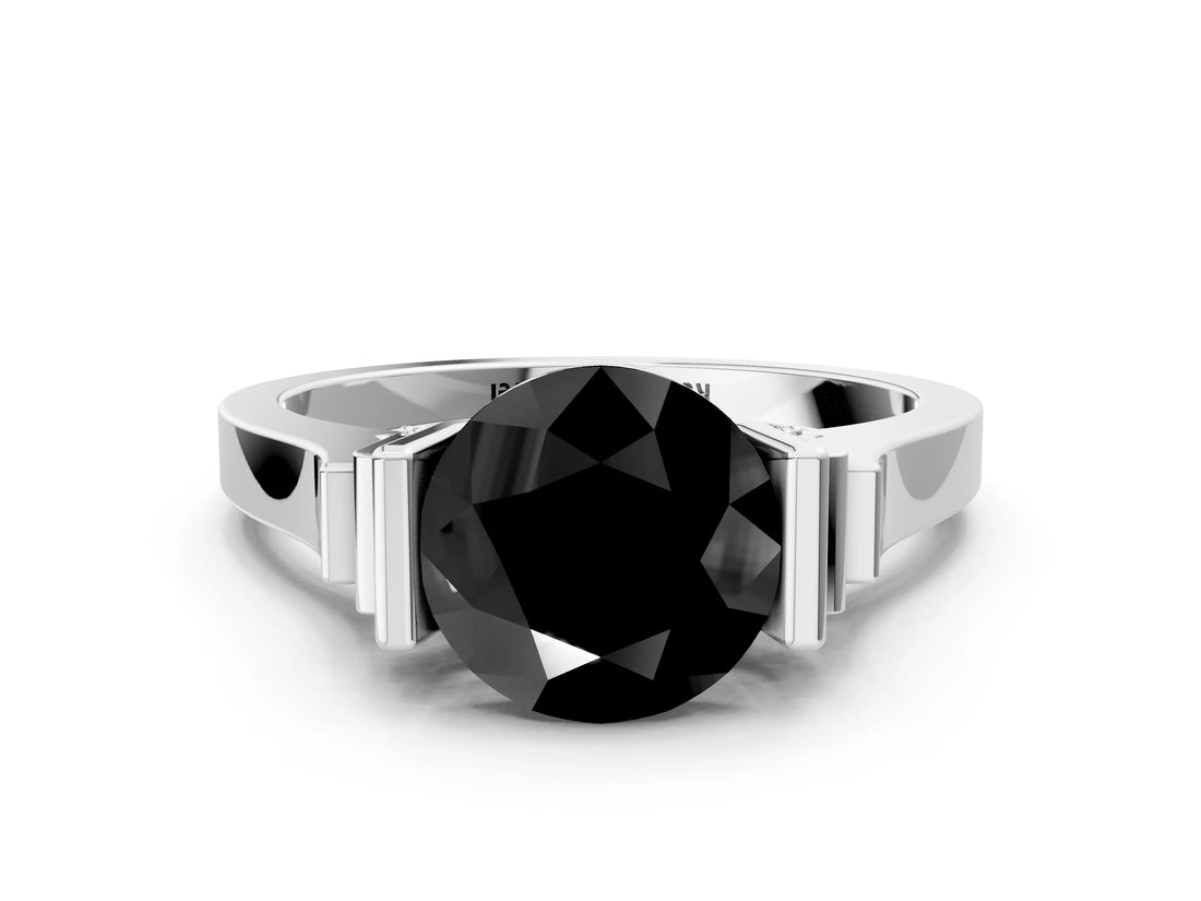 White gold Fancy Black Round Cut Brilliant Solitaire Diamond Ring with Channel Set Band and Bar Prong Setting