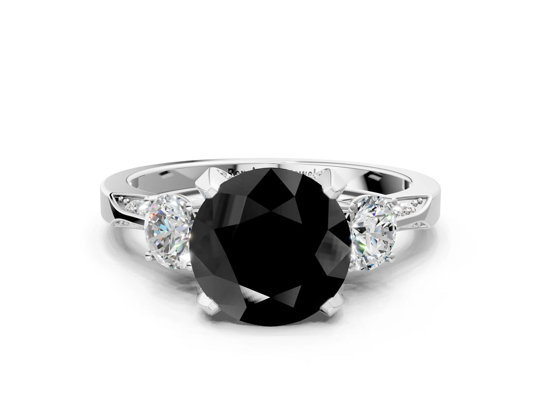 White gold Fancy Black Round Cut Brilliant Three-Stone Diamond Ring with Pavé Band and Four-Prong Setting_51