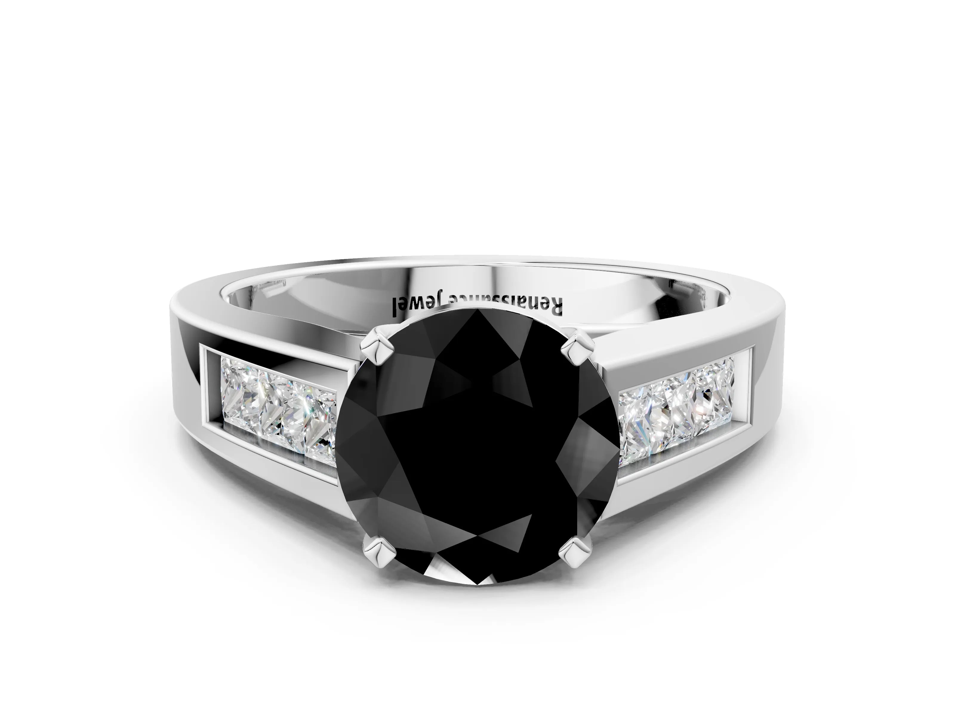 White gold Fancy Black Round Cut Cut Channel Set Solitaire Ring with Four-Prong Setting_12