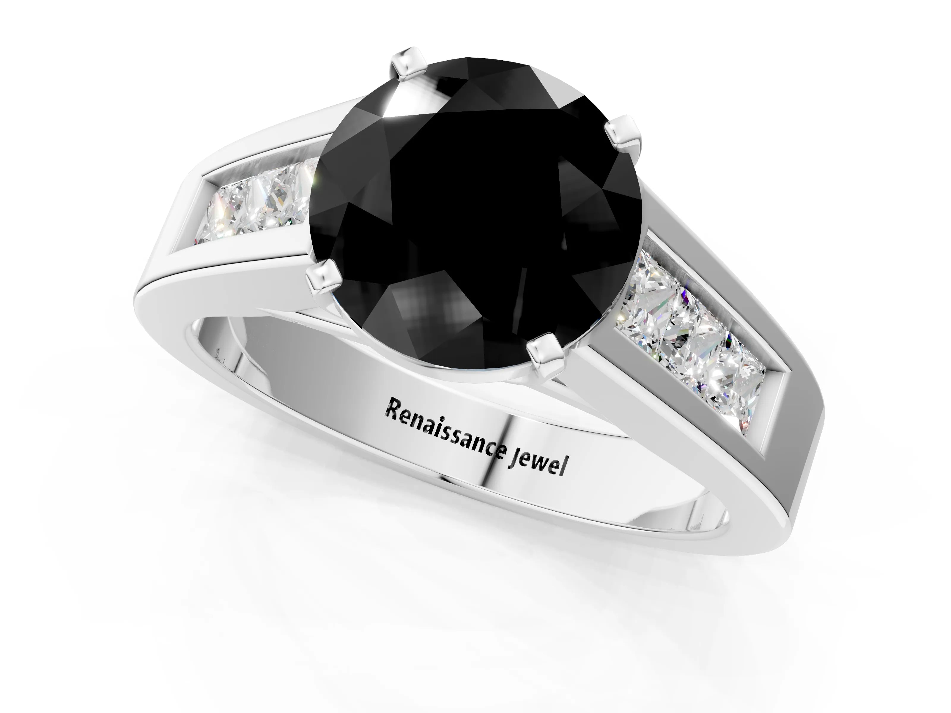 White gold Fancy Black Round Cut Cut Channel Set Solitaire Ring with Four-Prong Setting_1