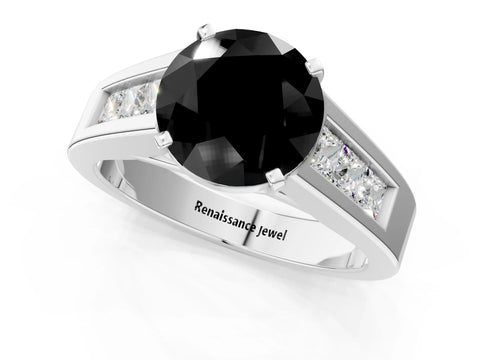 White gold Fancy Black Round Cut Cut Channel Set Solitaire Ring with Four-Prong Setting_1