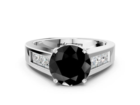 White gold Fancy Black Round Cut Cut Channel Set Solitaire Ring with Four-Prong Setting