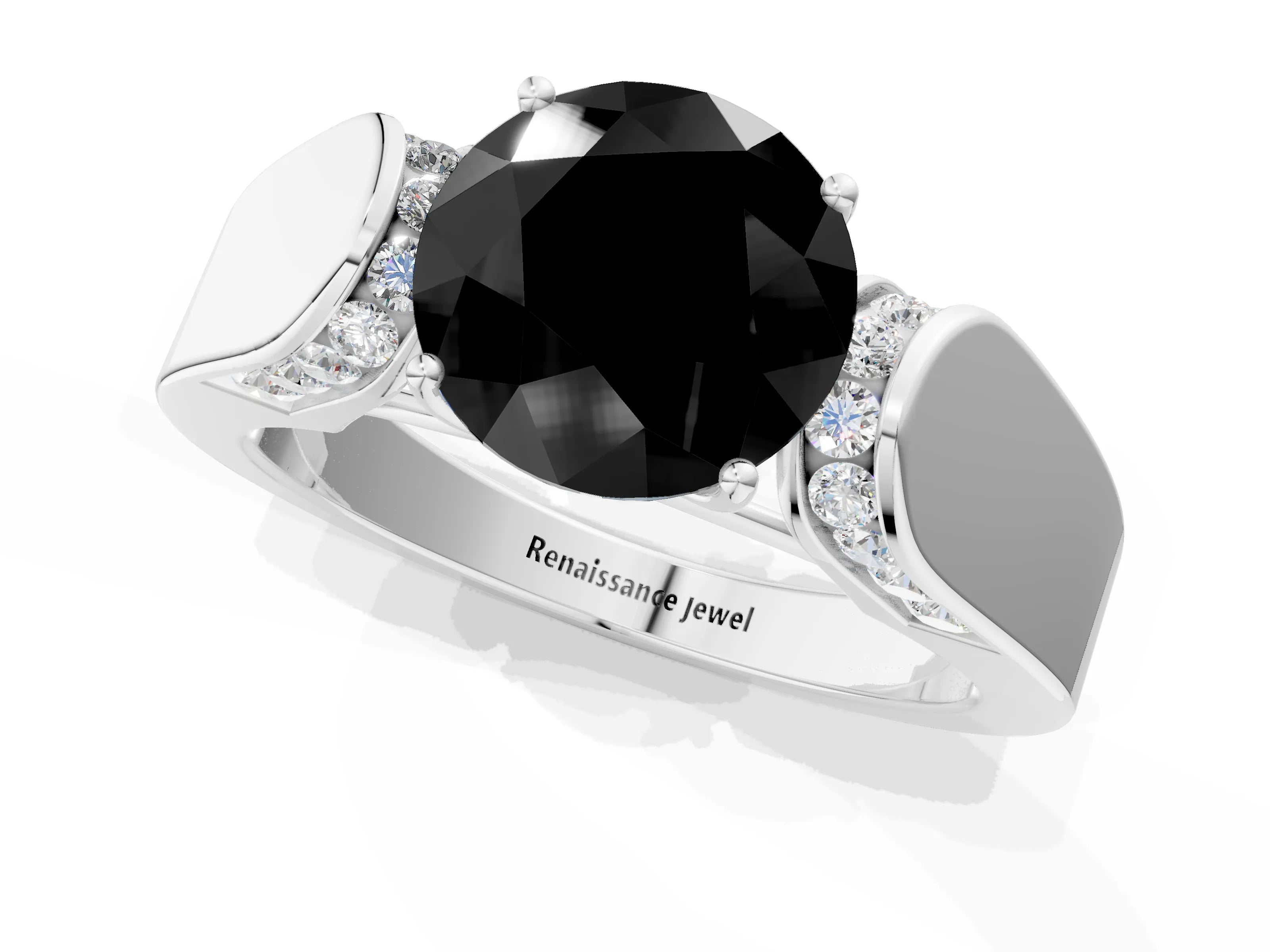 White gold Fancy Black Round Cut Cut Diamond Channel Set Solitaire Ring with Four-Prong Setting_1