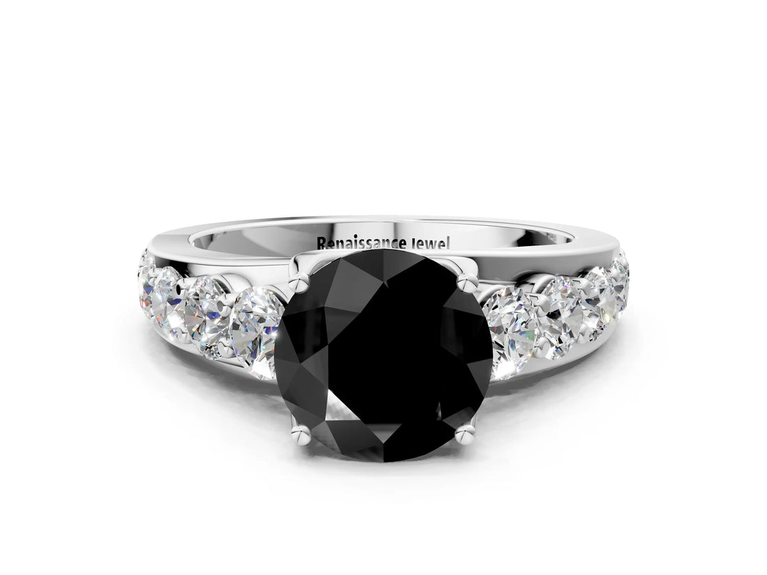 White gold Fancy Black Round Cut Cut Diamond Engagement Ring with Pavé Band and Four-Prong Setting