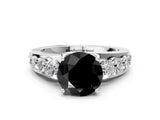 White gold Fancy Black Round Cut Cut Diamond Engagement Ring with Pavé Band and Four-Prong Setting