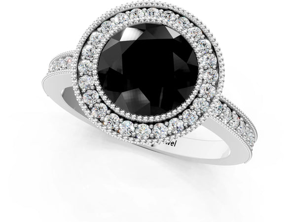White Gold Round Milgrain Halo Engagement Ring Setting for Black Center