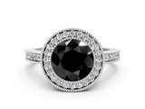 White gold Fancy Black Round Cut-Cut Diamond Halo Engagement Ring with Pave Band and Prong Setting