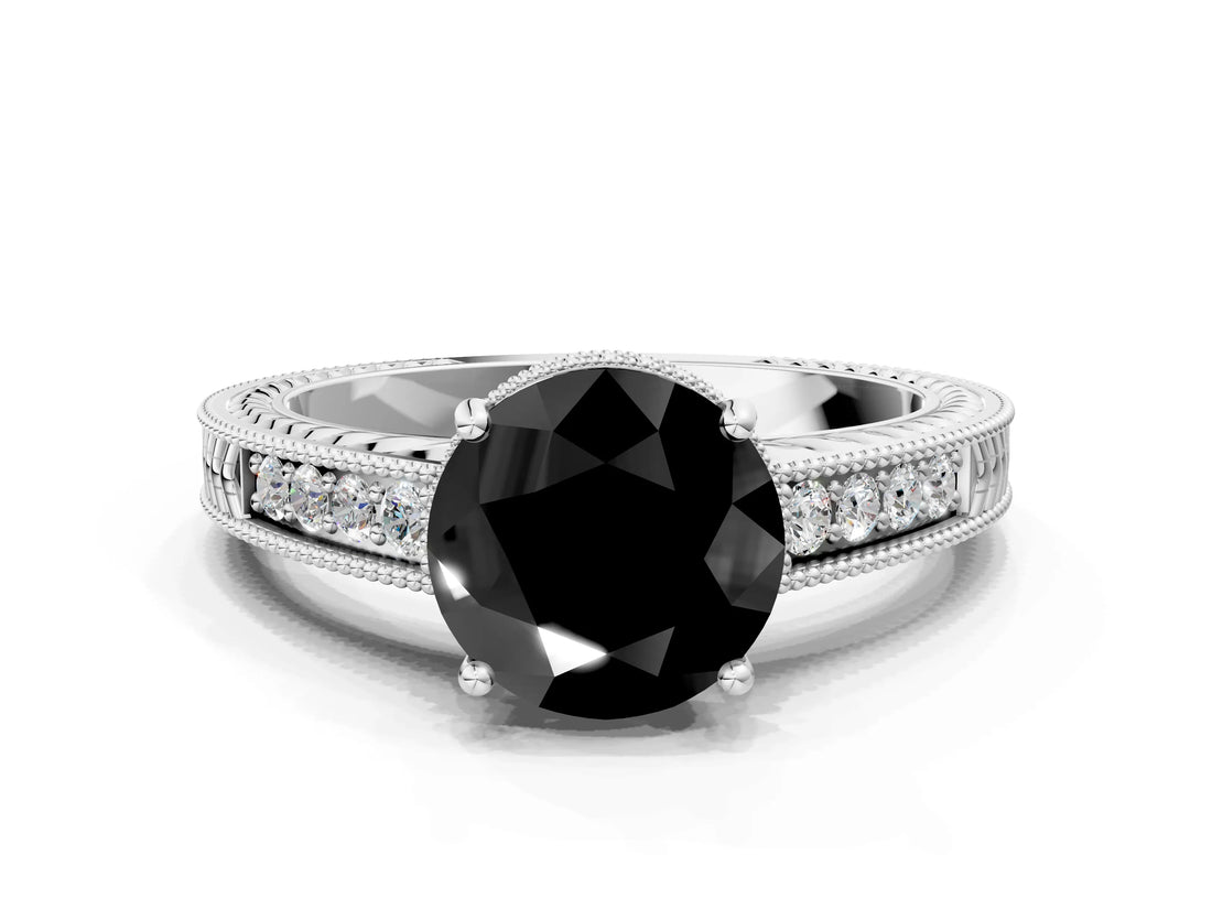 White gold Fancy Black Round Cut Cut Diamond Milgrain Pave Band Four-Prong Setting Ring_3