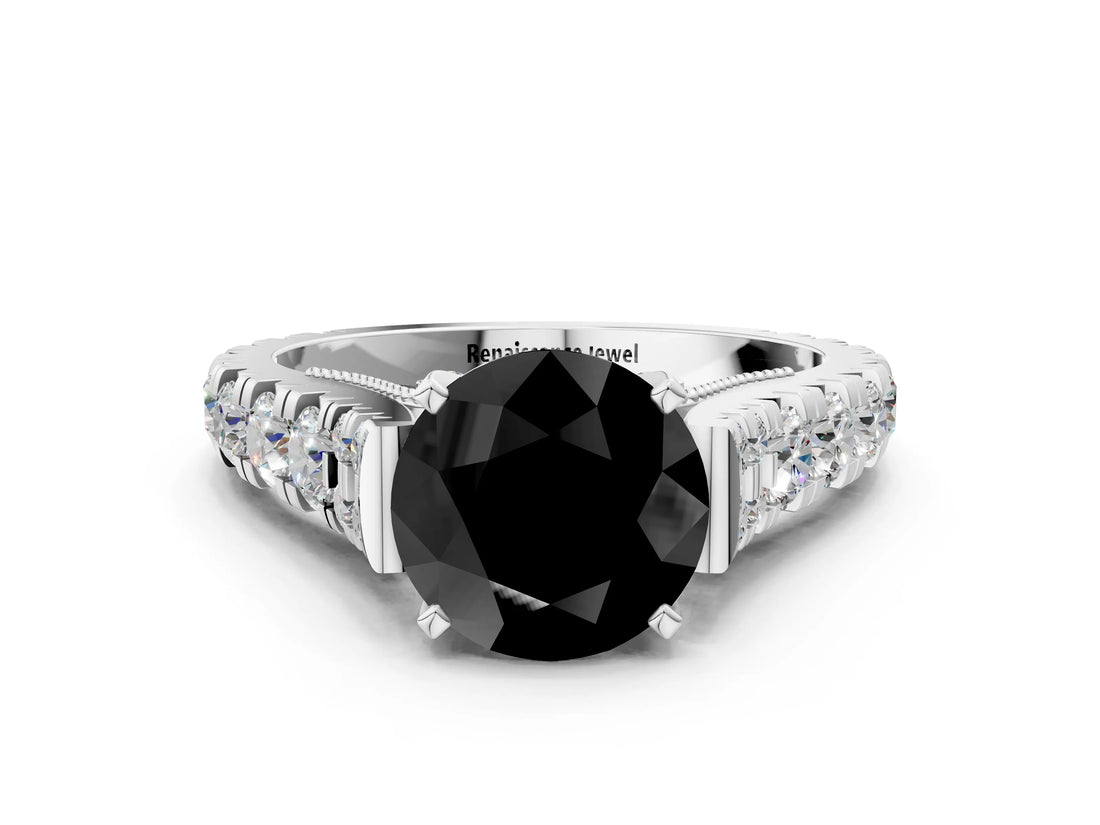 White gold Fancy Black Round Cut Cut Diamond Pavé Band Solitaire with Four-Prong Setting