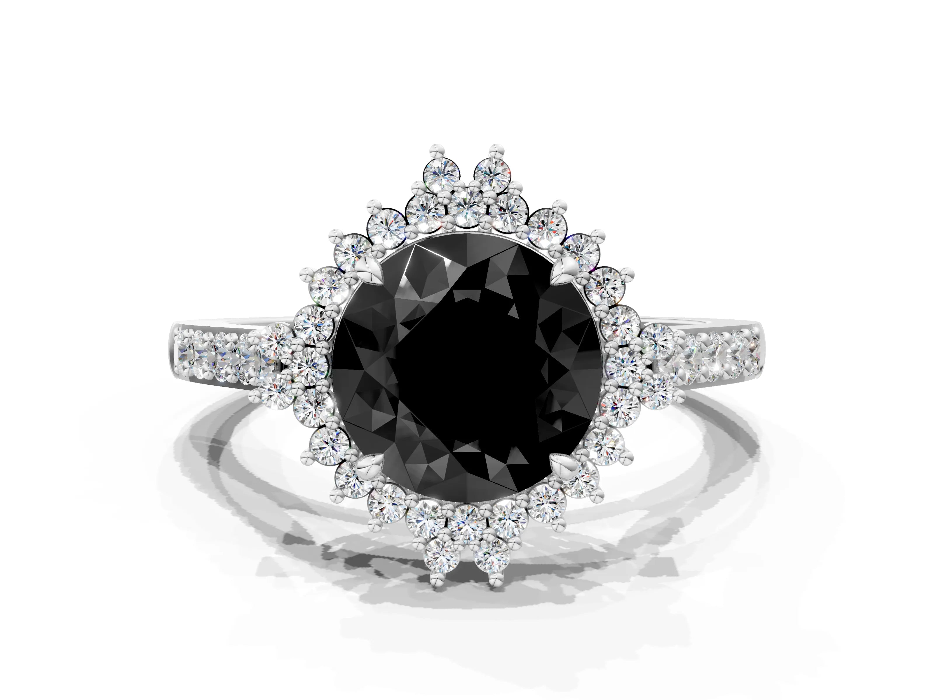 White gold Fancy Black Round Cut Cut Diamond Sunburst Halo Engagement Ring with Pavé Band