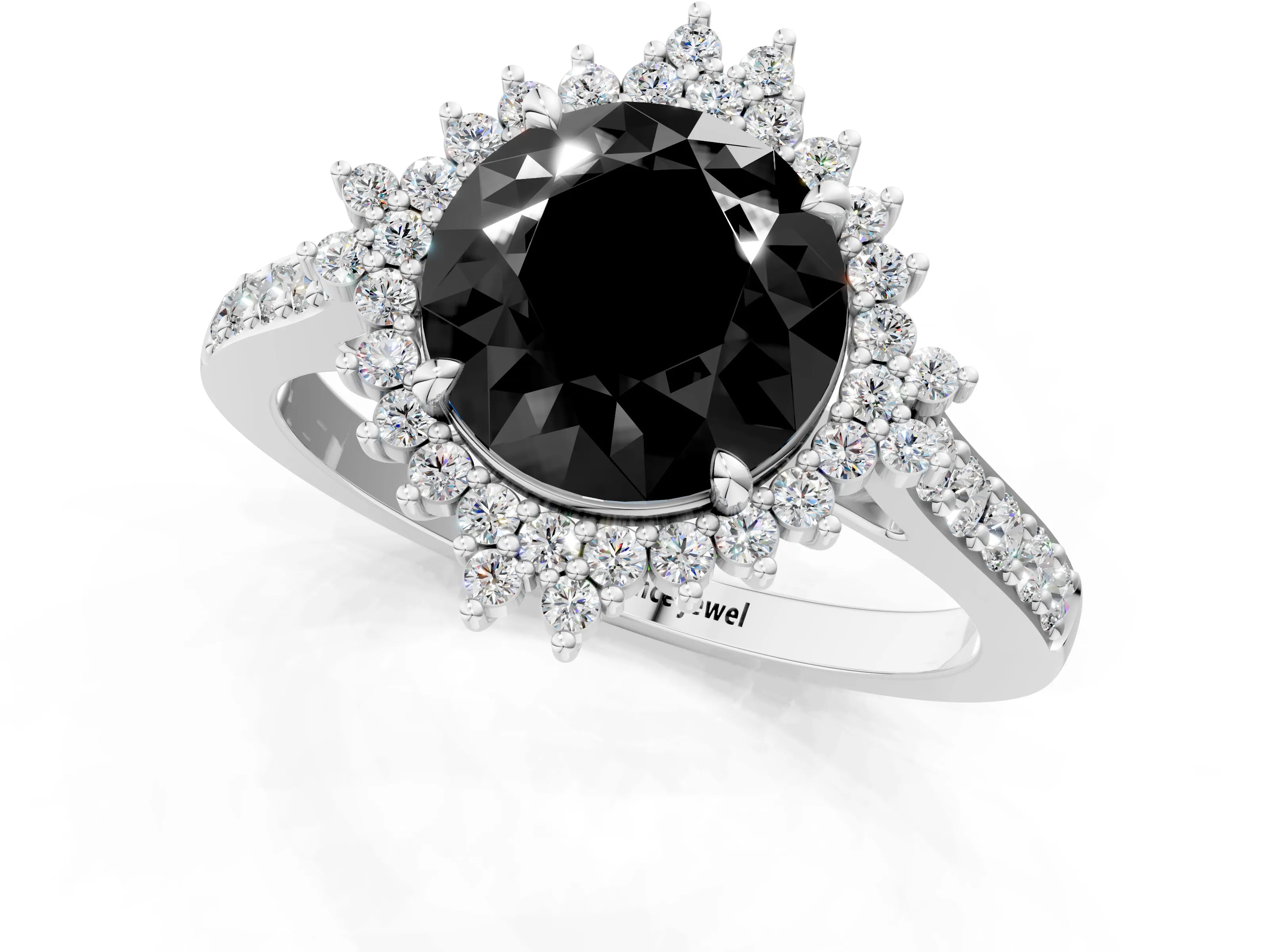 White gold Fancy Black Round Cut Cut Diamond Sunburst Halo Engagement Ring with Pavé Band_1