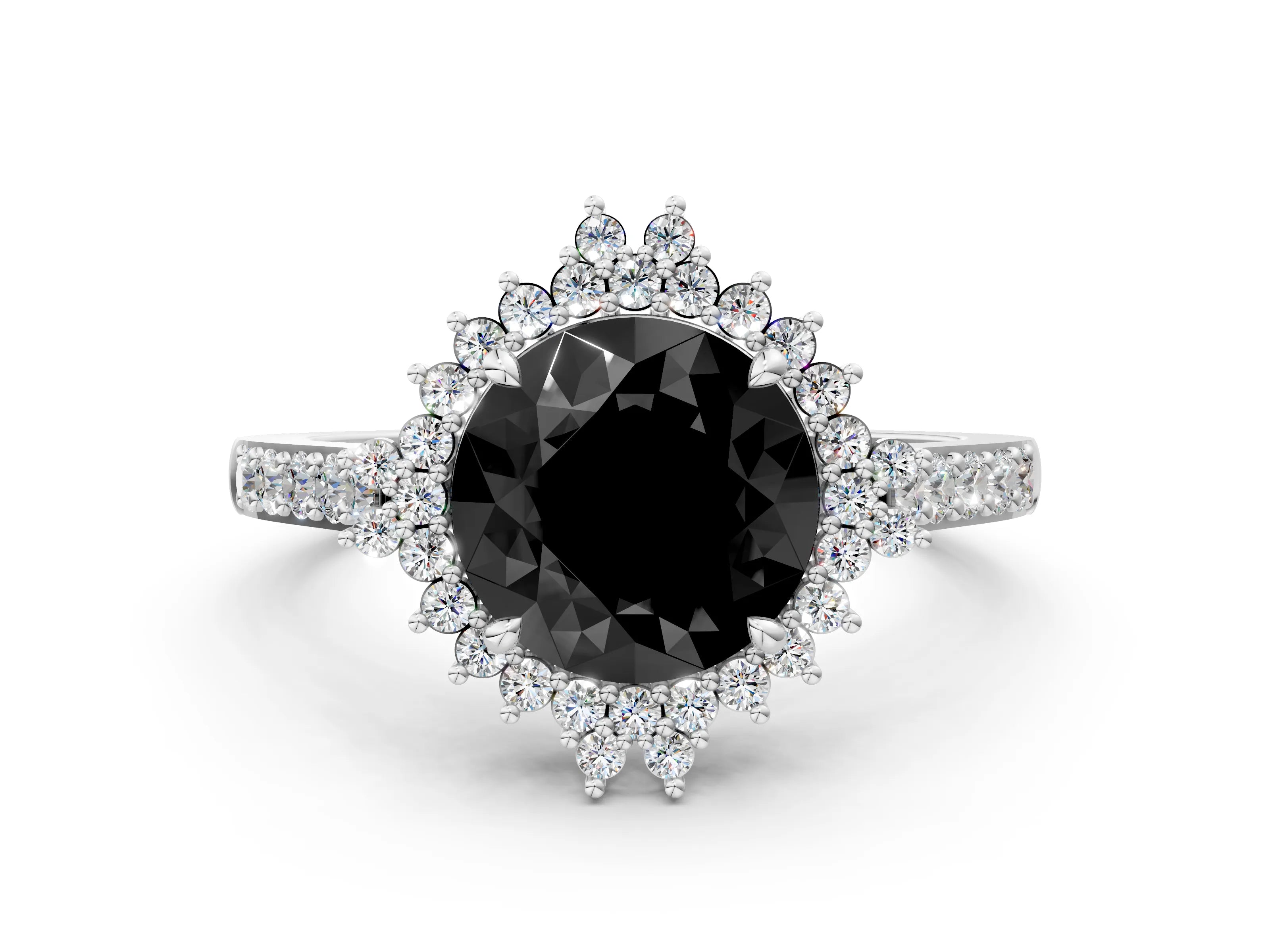 White gold Fancy Black Round Cut Cut Diamond Sunburst Halo Engagement Ring with Pavé Band_12