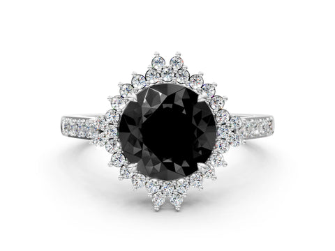 White gold Fancy Black Round Cut Cut Diamond Sunburst Halo Engagement Ring with Pavé Band_12