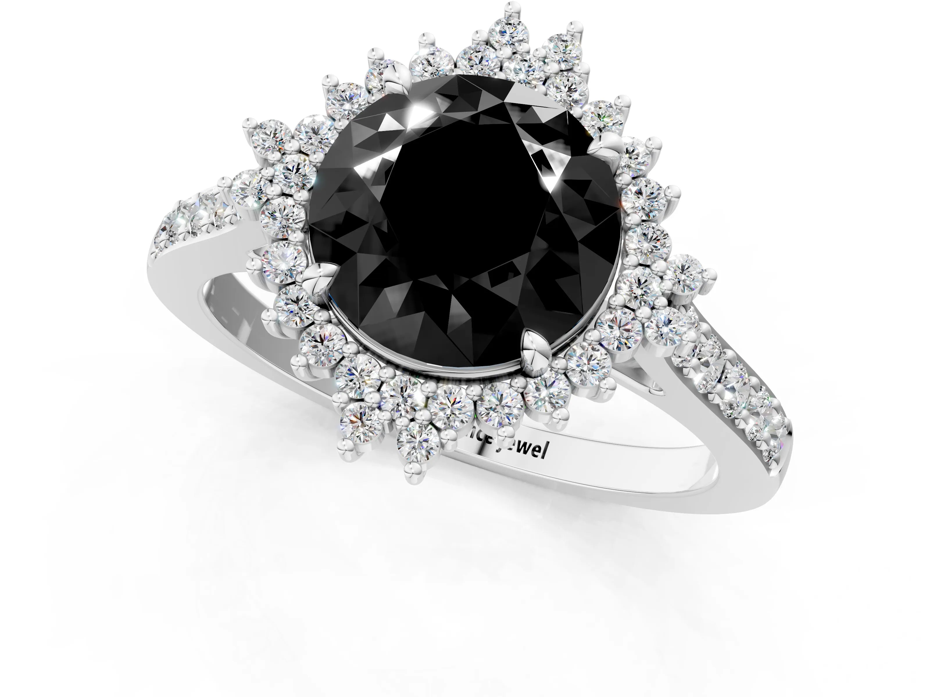White gold Fancy Black Round Cut Cut Diamond Sunburst Halo Engagement Ring with Pavé Band_13