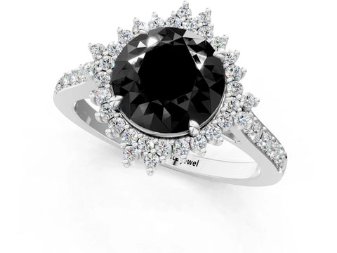 White gold Fancy Black Round Cut Cut Diamond Sunburst Halo Engagement Ring with Pavé Band_13