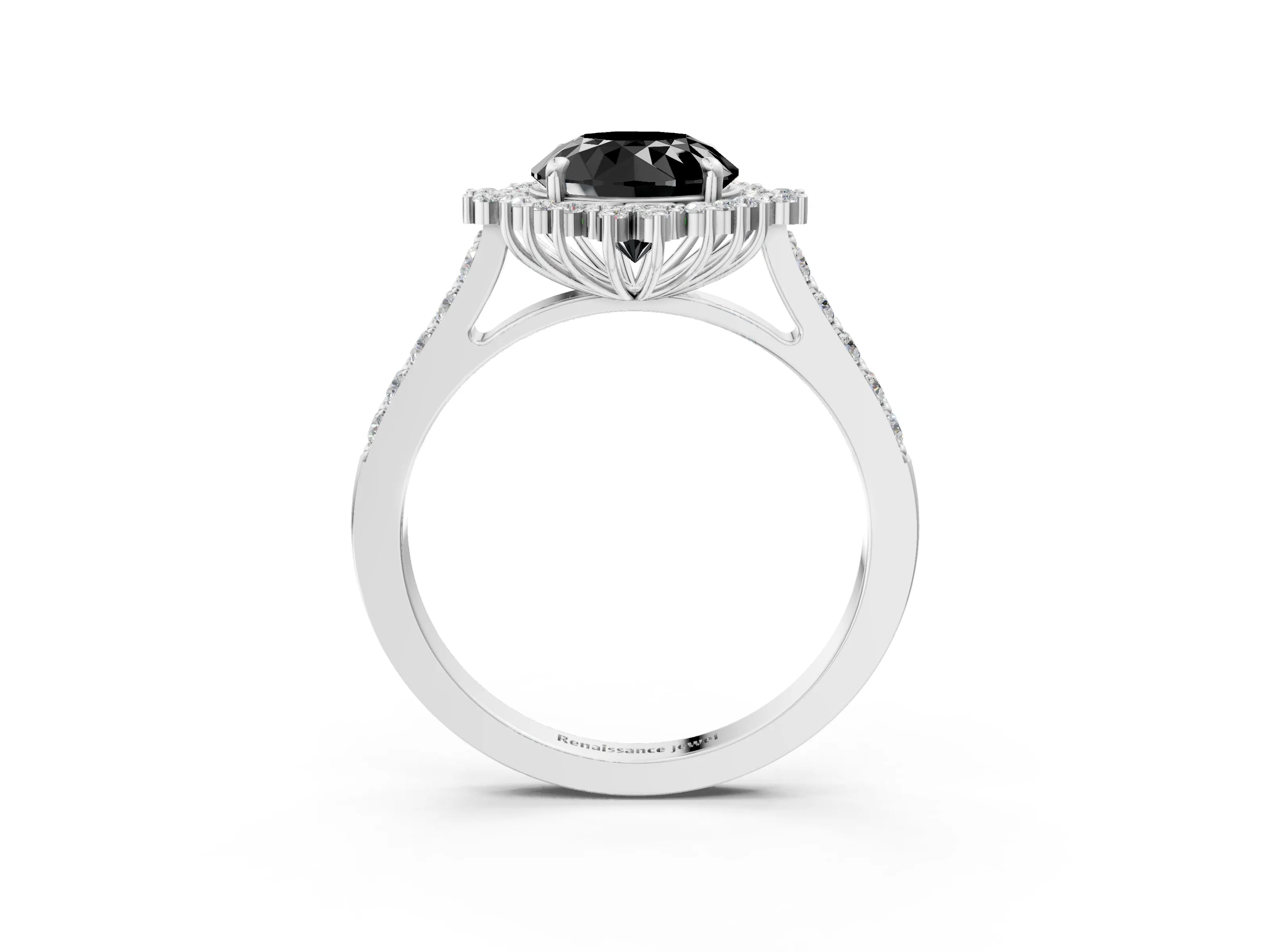 White gold Fancy Black Round Cut Cut Diamond Sunburst Halo Engagement Ring with Pavé Band_15